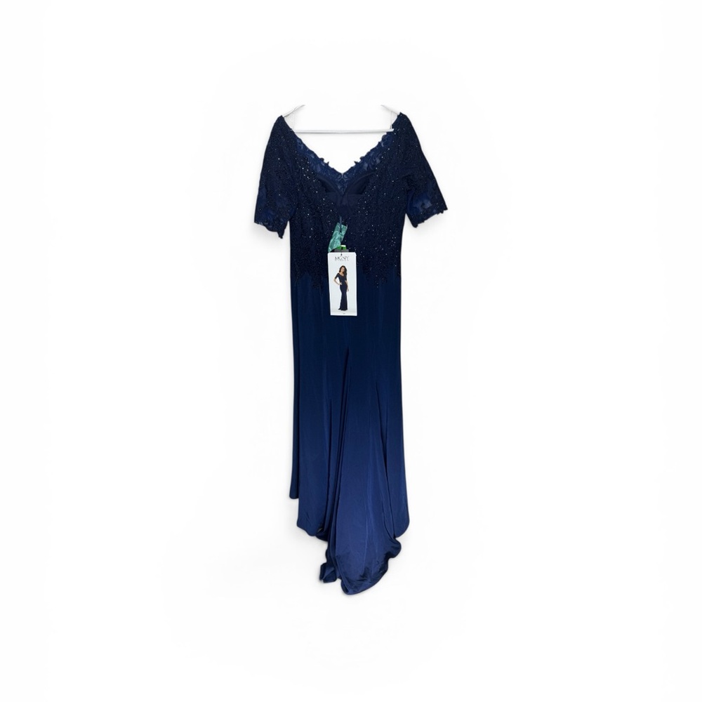 Mori Lee Navy Blue Long Sleeve Lace Bodice Mermaid Gown - Picture 3 of 6